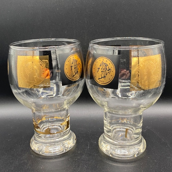 Cera Beer Glass x4 clear with black and gold coin pattern VTG MCM 1960's USA - Picture 4 of 6